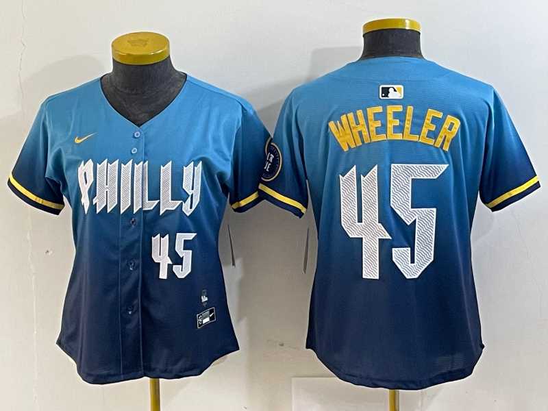 Womens Philadelphia Phillies #45 Zack Wheeler Blue 2024 City Player Number Cool Base Stitched Jersey